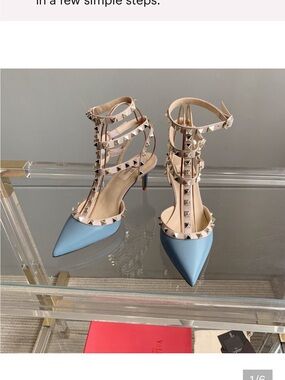 Pointed T-Strap Heels with Studded Nude Straps in Light Blue
